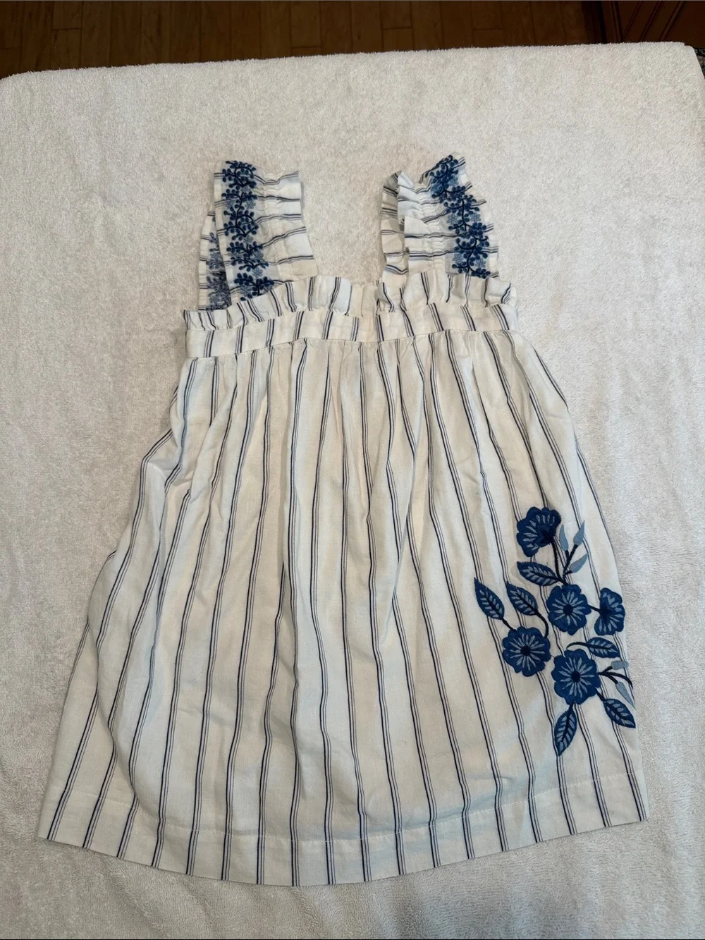 Girls Tartine et Chocolat White Striped Sundress with Blue Floral Embroidery